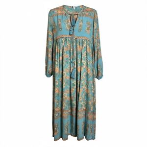 Boho Floral Midi Dress Blue Peach 3/4 Sleeve Tie Neck Boho Cottagecore (3156)